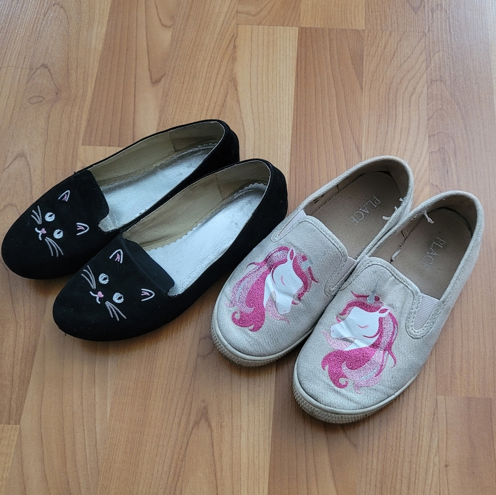 Children's Place Girls Sz 13/1 Flat Dress Shoes Cat & Unicorn Sneaker Lot of 2